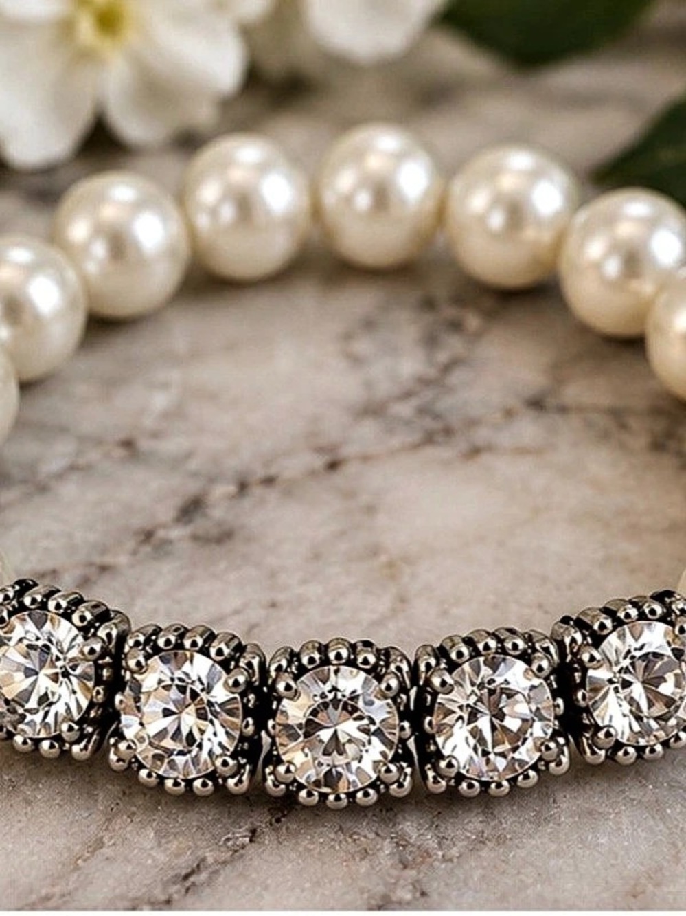 Vintage Faux Pearl Rhinestone Bracelet Statement Jewelry Glam Stretch